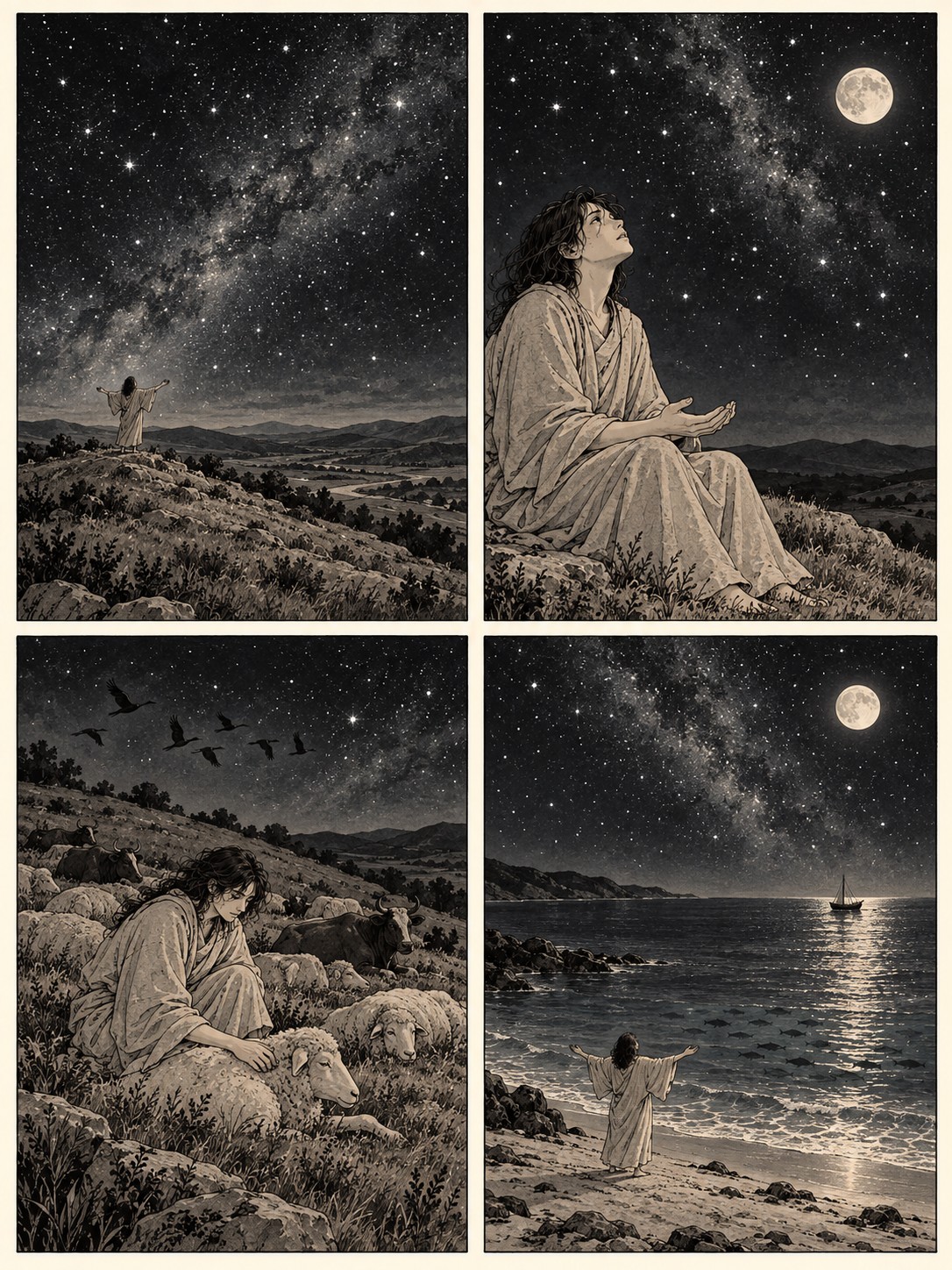 墨と淡い灰色の四コマ。同じ人物。星空の下の小さな人影、月と星を見上げて自分の手を見る、羊と牛の世話、星を映す海辺で再び腕を広げる。神の姿、王冠、子どもは描かない。文字は入れない。