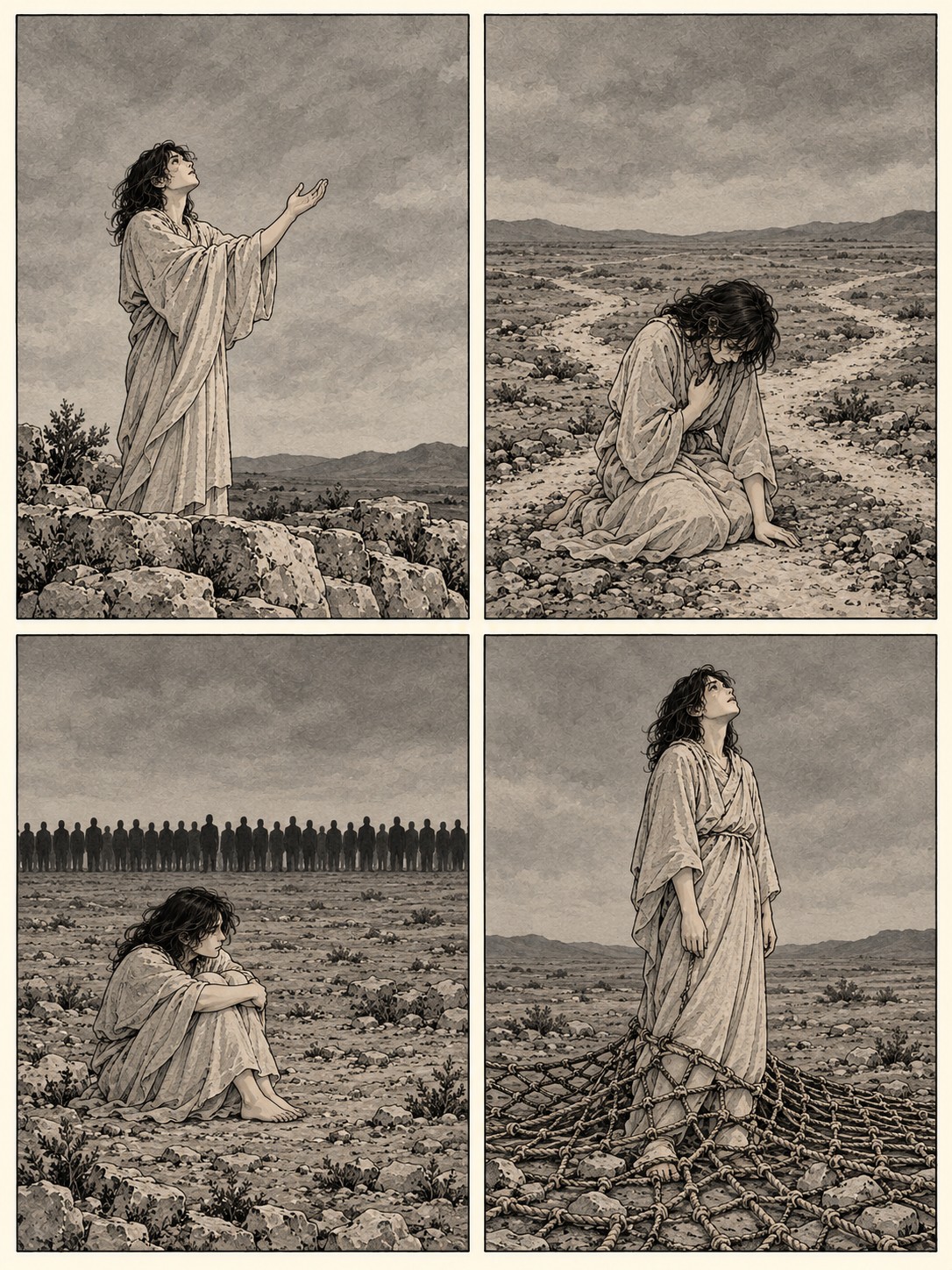 墨と淡い灰色の四コマ。同じ人物。丘で手を上げる、分かれ道で罪を告白する、遠い敵の列の前でひとり座る、網に足を取られたまま目を上げる。網がほどける場面や救出は描かない。文字は入れない。