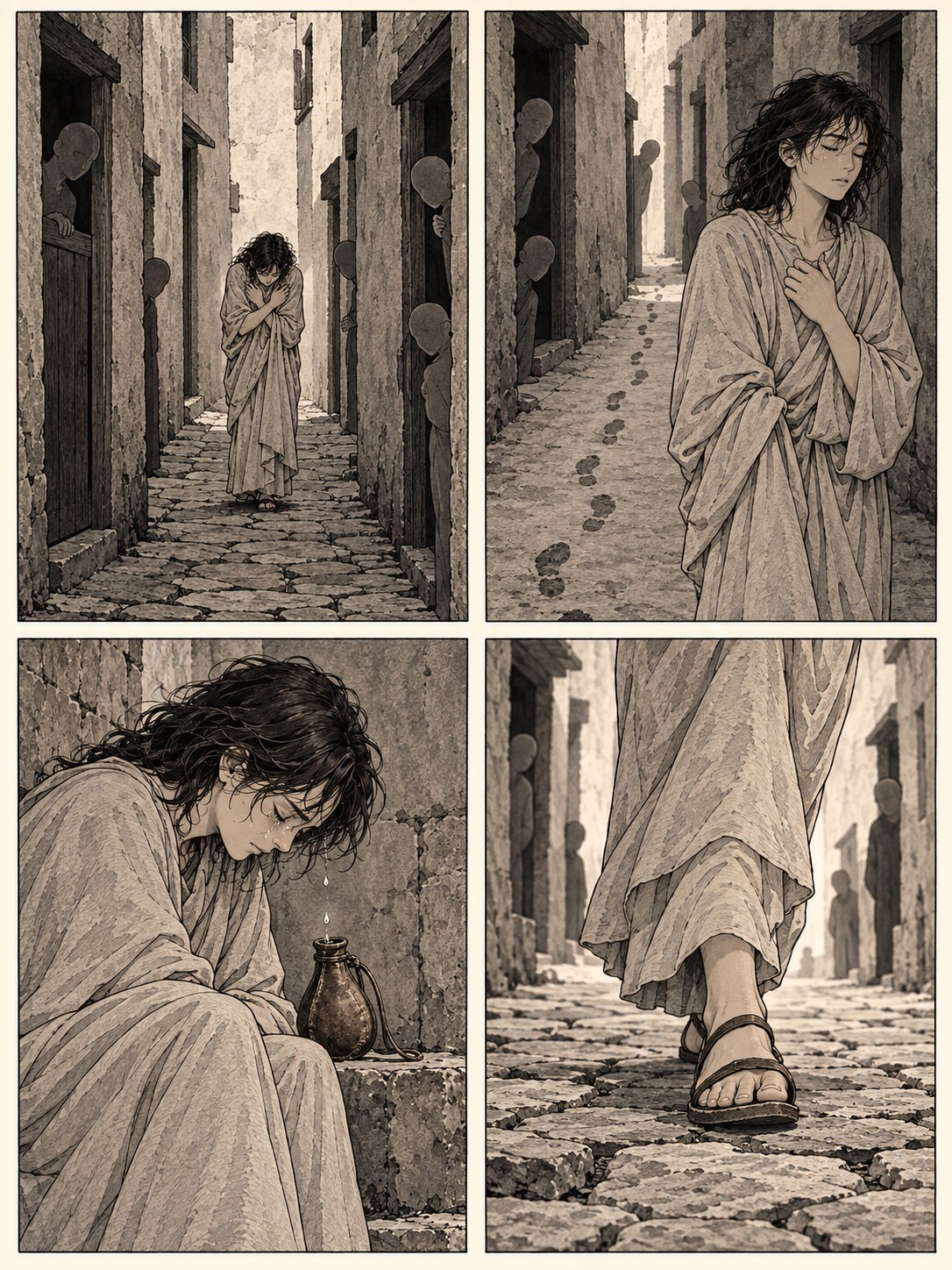 墨と淡い灰色の四コマ。同じ人物。路地で物陰の輪郭に囲まれて身を縮める、足跡を見張られながら胸に手を当てる、岩棚の革袋に涙が落ちる、昼の石畳を踏みしめて歩む足もと（奥に見張る目）。捕らわれの場面や敵の退散、神の手は描かない。文字は入れない。
