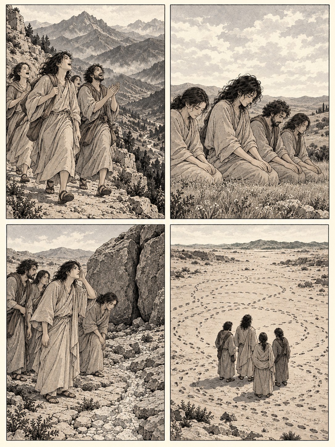 墨と淡い灰色の四コマ。同じ人物と数人の仲間。谷の縁の道を歌って歩く、草地にひざまずく、乾いた流れの跡の前で耳を澄ます、輪を描く足跡の中から遠い緑の丘を見つめる。水が湧く奇跡や安息に入る場面は描かない。文字は入れない。
