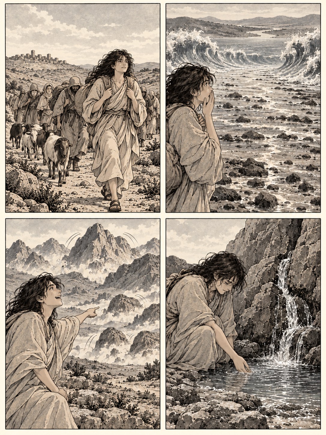 墨と淡い灰色の四コマ。同じ人物と旅の列。城壁の町を後にする、生き物のように後ずさりする海、雄羊のように跳ねる山を指さす、火打ち石から湧いた池に手を浸す。神の姿やモーセ、追う軍勢は描かない。文字は入れない。