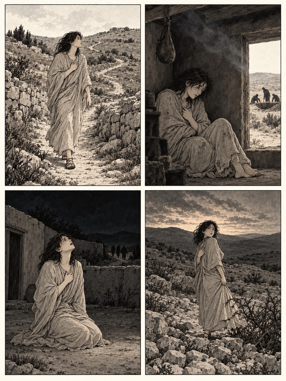 墨と淡い灰色の四コマ。同じ人物。胸に手を当てて朝の道を行く、煙の中の黒ずんだ革袋の下に座る、夜明け前の中庭にひざまずいて叫ぶ、道のない夕暮れの岩の斜面でいばらに裾をとられて立ち止まり振り返る。羊飼い・救いの手・見つけられる場面は描かない。文字は入れない。