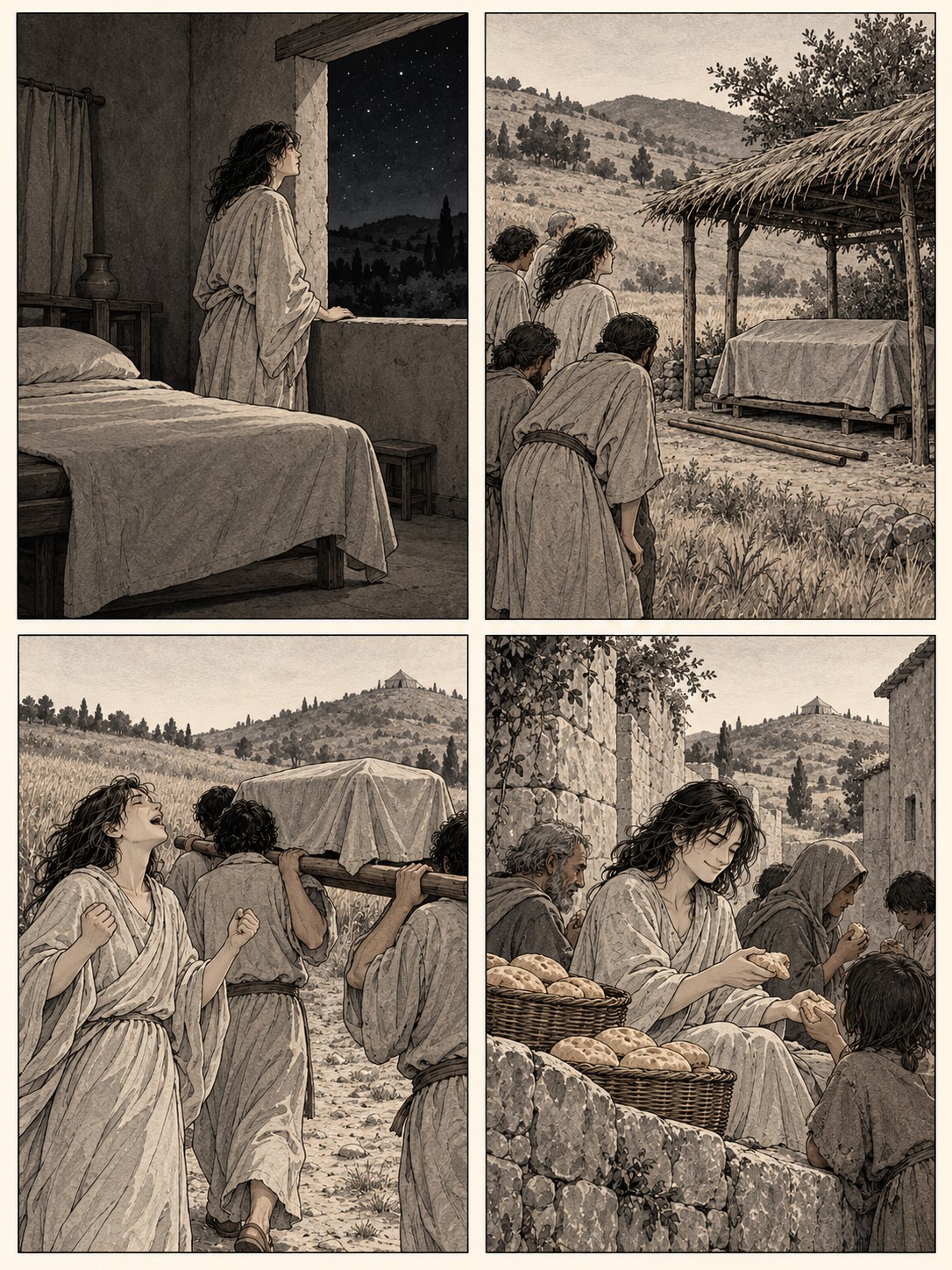 墨と淡い灰色の四コマ。同じ人物。夜に使われない寝台の脇で眠らずに丘を見る、野の小屋で布に覆われた箱を見つけて息をのむ、四人が担ぐ箱の脇を歩いて喜び叫ぶ、丘の町でパンを分け合う。箱は光らせず、神の姿や冠は描かない。文字は入れない。