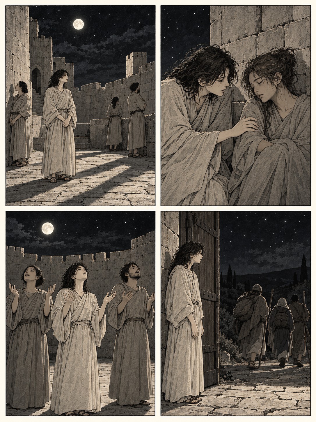墨と淡い灰色の四コマ。同じ人物と数人の夜のしもべたち。月明かりの中庭の壁際に立つ、疲れた仲間に呼びかける、二、三人で肩の高さに手を上げてほめる、夜の道へ去る旅人の背に祝福を告げる。祭服や実在の礼拝の型、夜明けは描かない。文字は入れない。